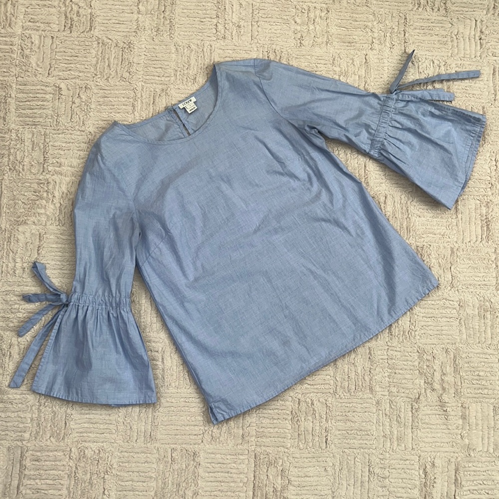 J. Crew Factory pullover blouse top bell tie sleeve, blue, Size Small EUC